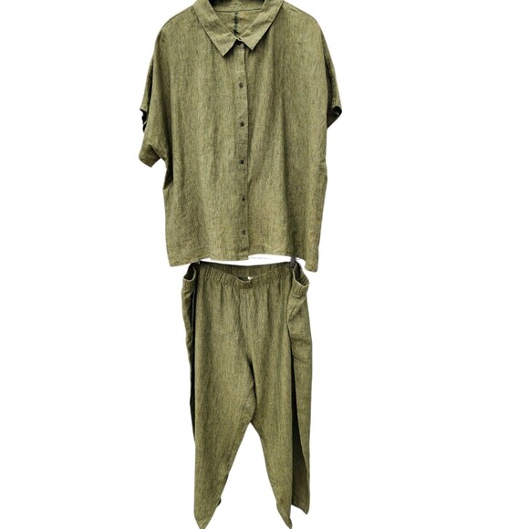 Eileen Fisher 2X Organic Linen Top Pants Set Outfit Two Piece Lagenlook Green